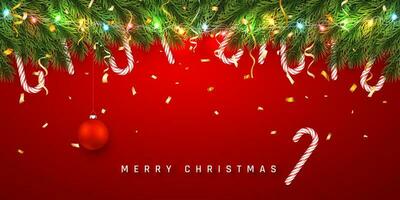 festivo Natale o nuovo anno sfondo. Natale albero rami con caramella canna e leggero ghirlanda. vacanza sfondo. vettore illustrazione