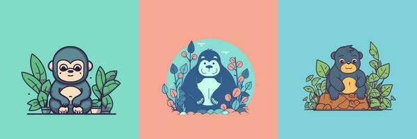 carino kawaii gorilla cartone animato illustrazione vettore