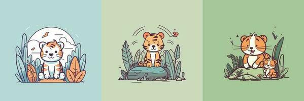 carino kawaii tigre cartone animato illustrazione vettore