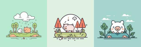 carino kawaii maiale cartone animato illustrazione vettore