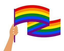 mano con lgbt bandiera, lgbt sfondo, lgbt colori arcobaleno bandiera. striscione, manifesto, modello, vettore