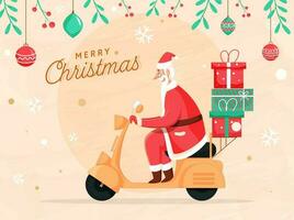allegro Santa Claus equitazione scooter con regalo scatole, foglie, bacca ramo e sospeso palline decorato su pesca fiocco di neve sfondo per allegro Natale. vettore