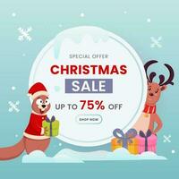 Natale vendita manifesto design con regalo scatole, cartone animato scoiattolo e renna carattere. vettore