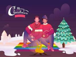 cartone animato gay coppia seduta nel davanti di falò con decorativo natale albero su nevoso viola sfondo per allegro Natale celebrazione. vettore
