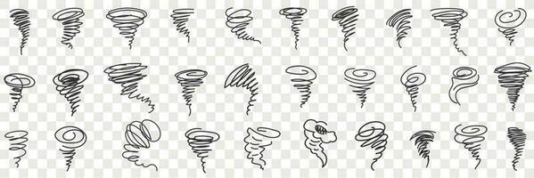 tornado e uragano scarabocchio impostare. collezione di mano disegnato naturale disastri uragani tornado con ventoso centro nel righe isolato su trasparente vettore