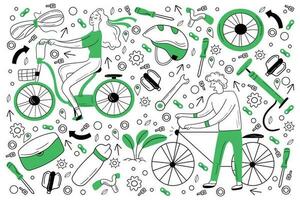 bicicletta scarabocchio impostare. collezione di mano disegnato schizzi modelli di vario parte di bicicletta o ciclo e persone equitazione su trasporto veicolo. mezzi di trasporto e Manutenzione o riparazione illustrazione. vettore
