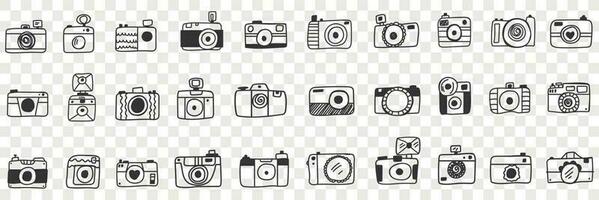 foto telecamera con lente scarabocchio impostare. collezione di mano disegnato vario foto telecamera attrezzatura per fotografi opera isolato su trasparente vettore