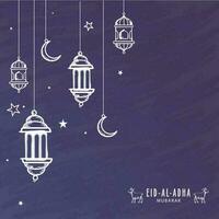 schizzi lanterne con mezzaluna lune appendere e stelle decorato su viola grunge sfondo per Eid-al-Adha mubarak. vettore