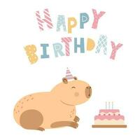 capibara nel un' festa cappello, lettering Buon compleanno, saluto carta, isolato su bianca sfondo vettore