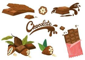 cioccolato impostare. cioccolato sbarra, manoscritto testo, cacao fagioli. mondo cioccolato giorno. Perfetto per manifesto, cartolina, etichetta, etichetta, logo. vettore illustrazione isolato su bianca sfondo.