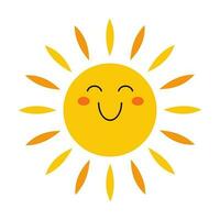 vettore sole nel piatto design. contento sorridente sole. infantile carino luce del sole emoji. kawaii giallo sole con raggi di sole. bambino luce del sole con arrossire.