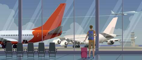 terminale a il aeroporto con un' Visualizza di il aerei. vettore. vettore