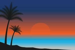 estate tramonto spiaggia vettore sfondo, tramonto scena paesaggio sfondo, tropicale spiaggia paesaggio illustrazione, tramonto spiaggia con palma alberi vettore sfondo, pendenza spiaggia scenario sfondo