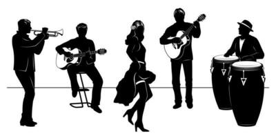 silhouette impostato di latino gruppo musicale con ballerino ragazza. quattro latino musicisti giocando acustico chitarre, tromba, percussione, donna ballando. tutti figure siamo separato. vettore clipart isolato su bianca.