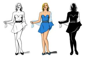 giovane festa ragazza nel blu vestire. elegante donna con scialle. schema, colore e silhouette clipart isolato su bianca. vettore