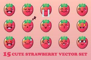 carino cartone animato fragola con kawaii facce e chibi stile emoticon vettore impostato