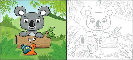 cartone animato di koala nel albero tronco con divertente lumaca nel foresta. colorazione libro o pagina vettore