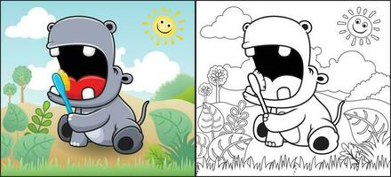 colorazione libro o pagina di divertente ippopotamo cartone animato spazzolatura esso denti a mattina con sorridente sole nel il foresta vettore