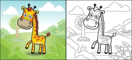 colorazione libro o pagina di divertente giraffa cartone animato nel foresta su blu cielo sfondo vettore