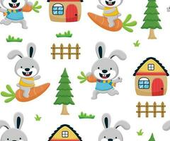 senza soluzione di continuità modello vettore di divertente coniglietto cartone animato con carota, Casa, alberi e recinzione. Fata racconto elementi