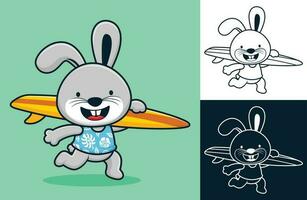 divertente coniglio in esecuzione mentre trasporto tavola da surf. vettore cartone animato illustrazione nel piatto icona stile