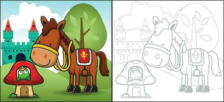 cartone animato di cavallo con rana indossare corona nel fungo Casa su castello sfondo. colorazione libro o pagina vettore
