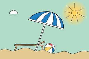 fumetto illustrazione vettoriale di ombrellone spiaggia tempo soleggiato lettino e palla di mare