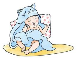 mano disegnato acquerello illustrazione di poco bambino nel asciugamano. assonnato bambino sedersi su il coperta nel scarabocchio stile. vettore