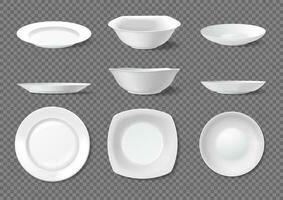 realistico ceramica piatti, vuoto bianca piatti superiore e lato Visualizza. porcellana piatto e ciotola, cucina stoviglie, ceramica stoviglie vettore impostato