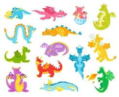 cartone animato draghi, divertente fantasia rettili. colorato dinosauri per bambini fiaba. Magia personaggi a partire dal medievale mitologia vettore