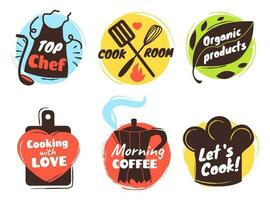 cucinando logo con mano scritto scritta. cucina utensili badge per culinario classi. etichetta per biologico prodotti negozio vettore