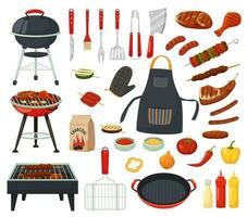cartone animato barbecue attrezzatura per picnic. estate griglia festa elementi, cucinando utensili e utensili. grigliato carne bistecche vettore