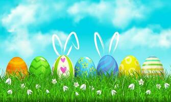 contento Pasqua vacanze con erba, uova coniglio orecchie vettore