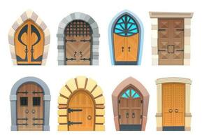cartone animato cancelli e porte, di legno e pietra inserimenti vettore