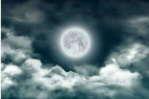 Luna nel notte cielo con nuvole e stelle, mezzanotte vettore