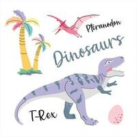 carino dinosauro disegnato come vettore su bianca per bambini moda. palma e vulcano. t-rex. pteranodonte.