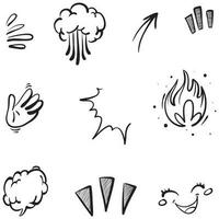 set vettoriale di doodle di segni di espressione cartoonesca disegnati a mano, frecce direzionali curve, elementi di design di effetti emoticon, simboli di emozione dei personaggi dei cartoni animati, linee di pennellate decorative carine.