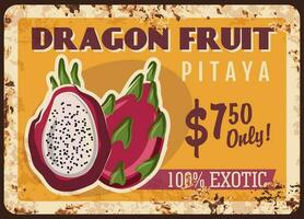 Drago frutta pitaya arrugginito metallo piatto con prezzo vettore