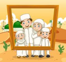 famiglia felice che tiene cornice per foto con moschea sullo sfondo vettore