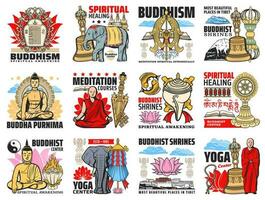 buddismo religione icone, Budda meditazione simboli vettore
