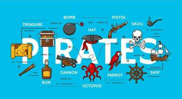 pirateria, pirata e corsaro elementi schema icone impostato vettore