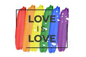 orgoglio mese. amore è amore lettering su un' acquerello arcobaleno spettro bandiera, omosessualità emblema isolato su bianca. lgbt diritti concetto. moderno sfilate manifesto, invito carta design. vettore. vettore