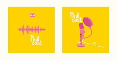 Podcast copertine. tipo stand studio microfono con pop filtro e cordone. rosa colonna sonora su un' giallo sfondo. mano disegno illustrazione per blogging. eps 10 vettore