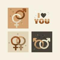 icona impostato simboli di Genere e lettering io amore voi. eterosessuale, gay, lesbica. vettore illustrazione per design.