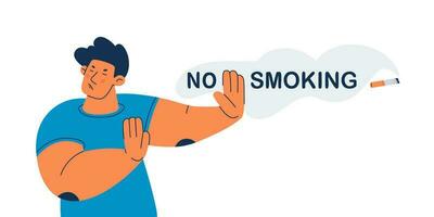 no fumare. giovane uomo respinto sigaretta con un' gesto. vettore bandiera promozione rifiuto di nicotina. isolato illustrazione.