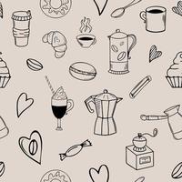 modello di doodle caffè senza soluzione di continuità su sfondo beige vettore