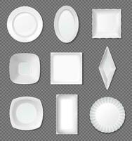 realistico bianca piatti, porcellana piatti, superiore Visualizza cucina stoviglie. vuoto ciotola, ceramica cibo piatto, ristorante stoviglie modello vettore impostato