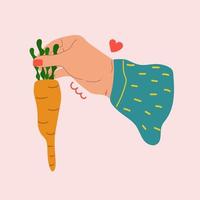 mano che tiene la carota, concetto di cibo sano piatto illustrazione disegnata vettore