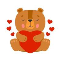 orso romantico cartone animato con cuore rosso vettore