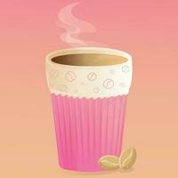 alto rosa tazza di caffè con caffè fagiolo e vapore su un' rosa pendenza sfondo. realistico bicchiere boccale di latte macchiato con leggero caffè fagioli per caffè negozio o manifesto vettore